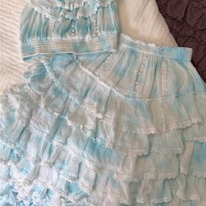 Light Blue Tiered Ruffle Skirt Set with Lace Trim